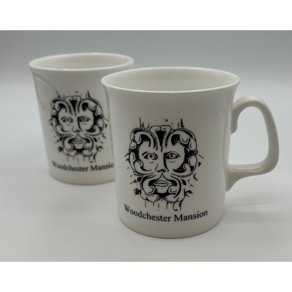 Lot of 2 Woodchester Mansion Green Man Coffee Mugs White Ceramic Souvenir UK
